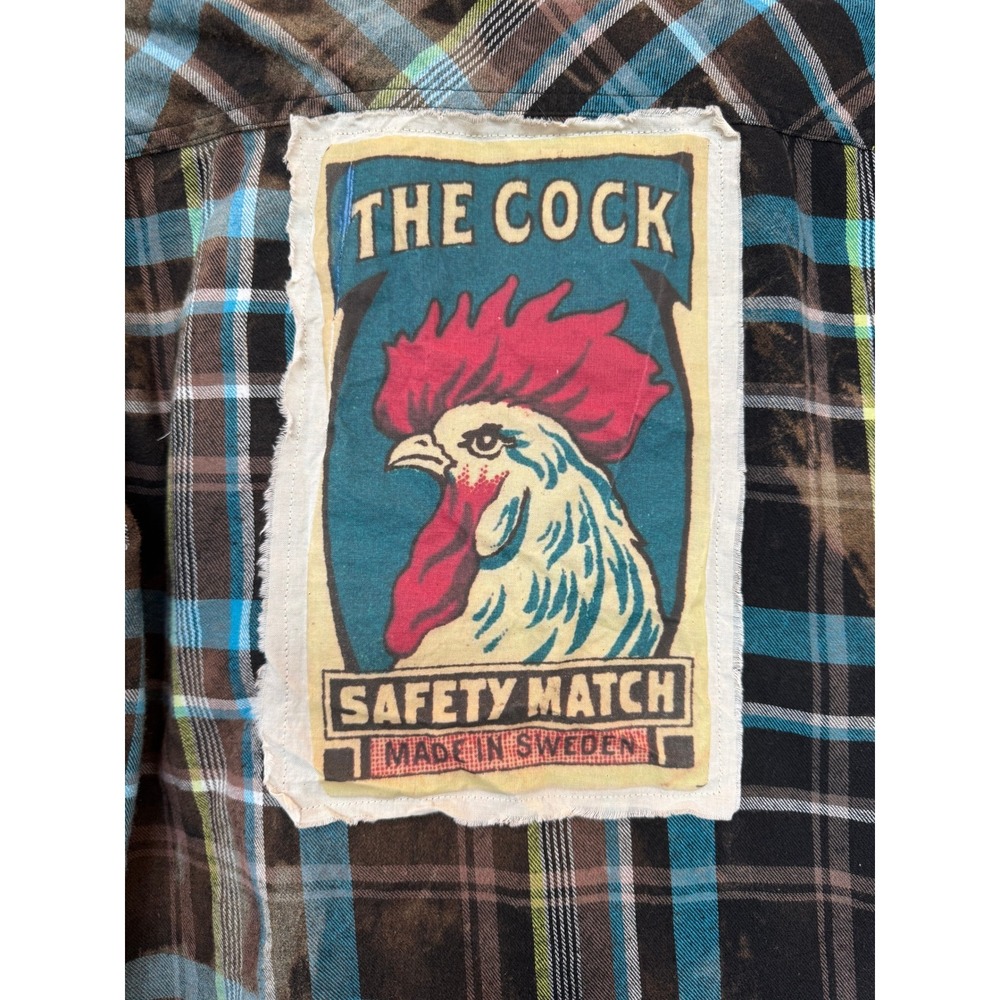 Upcycled Flannel Shirt Sassy Rooster Patch Folk Art  Large Vintage Ocean Current